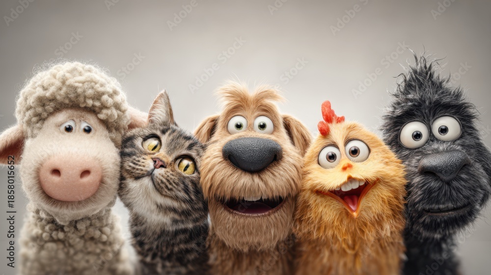 Fototapeta premium Colorful collection of animated animal characters featuring a sheep, cat, dog, chicken, and gorilla, showcasing playful expressions and vibrant textures
