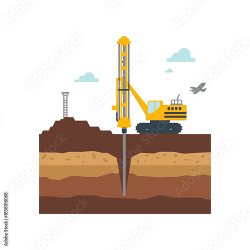 Illustration of Drilling Rig Excavating Ground Layers for Construction.