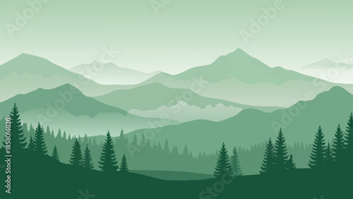 Serene mountain landscape with layers of green and distant pine trees