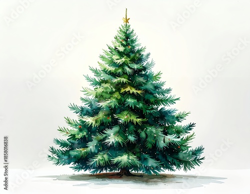 Watercolor painting of a vibrant green Christmas tree standing tall and majestic, ready for festive decorations.