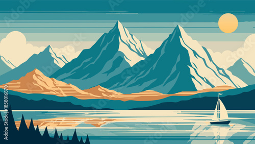 Majestic mountains reflected in calm waters with a small sailboat