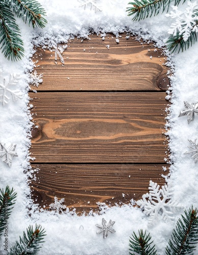 Winter Holiday Background with Snow, Fir Branches, and Wooden Planks.