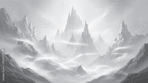 Dramatic grayscale landscape featuring towering mountains shrouded in swirling mist