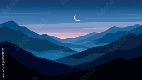 Serene mountain landscape with a crescent moon in the night sky
