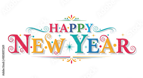 Vibrant and ornate typography wishing a joyous New Year, adorned with festive swirls and colorful accents, perfect for seasonal celebrations and holiday greetings