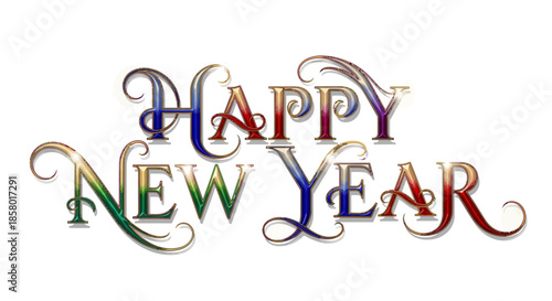 A festive and elegant "Happy New Year" typographic design, rendered with colorful gradients and ornate flourishes, perfect for celebrating the holiday season with style