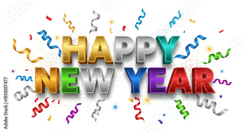 Happy New Year celebration with confetti and streamers, a festive greeting for the upcoming year