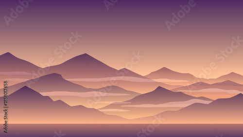 Layered mountain range illustration with a warm gradient and hazy atmosphere