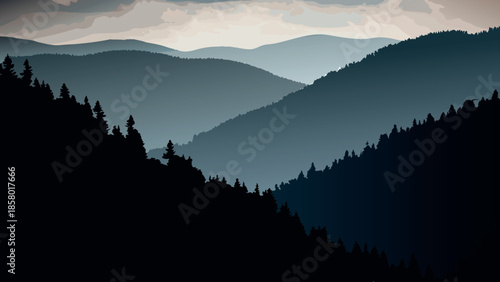 Silhouetted mountains and forest under a cloudy, atmospheric sky