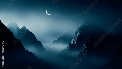 Mystical mountain peaks under moonlit sky