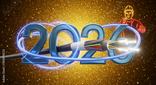 Creative 2026 New Year design template with a fiber optic cable. Telecommunications Industry Outlook 2026 for banner poster and promotion. High-Speed Internet and Future Technology in 2026.
