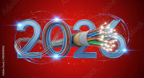 Creative 2026 New Year design template with a fiber optic cable. Telecommunications Industry Outlook 2026 for banner poster and promotion. High-Speed Internet and Future Technology in 2026.