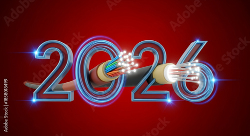 Creative 2026 New Year design template with a fiber optic cable. Telecommunications Industry Outlook 2026 for banner poster and promotion. High-Speed Internet and Future Technology in 2026.