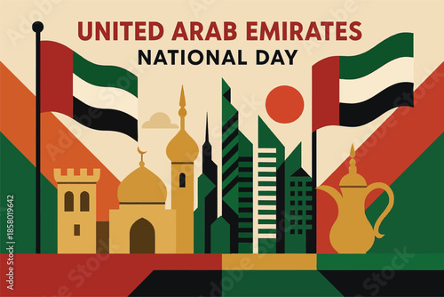 United Arab Emirates National Day Celebration Illustration with Landmarks and Flag