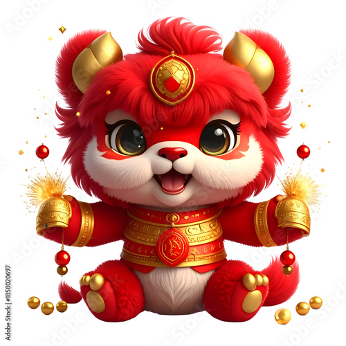 Cute red puppy lion mascot with golden bells for Chinese New Year PNG