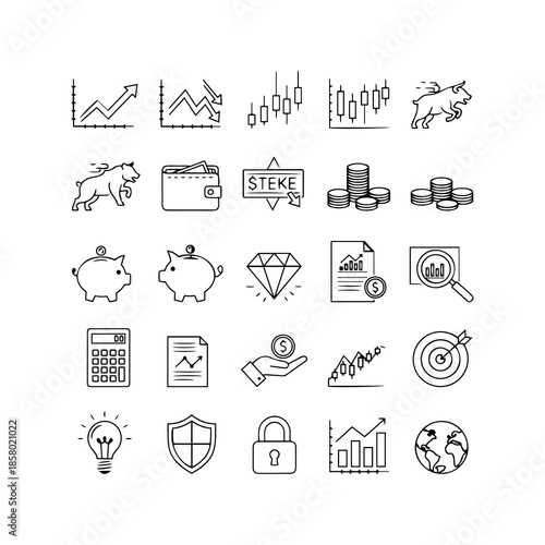 Financial Investment and Stock Market Trading Line Icon Set: Bull and Bear Trends, Data Analytics, Piggy Bank Savings, and Cryptocurrency Mining Icons