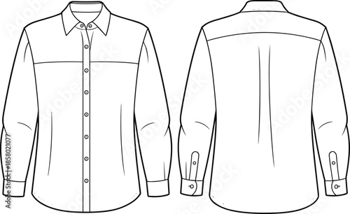 Blank White Apparel Mockup Template Collection Featuring T-Shirts Summer Dresses and Button Down Long Sleeve Shirts Front Back View Technical Vector Illustration