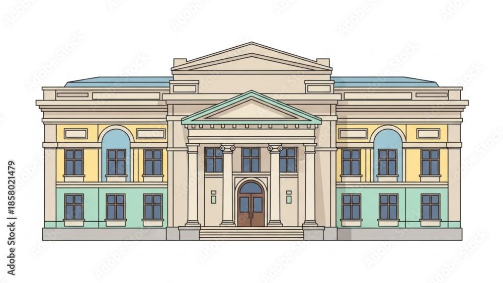 Fototapeta premium Large beige building with green and yellow accents and many windows