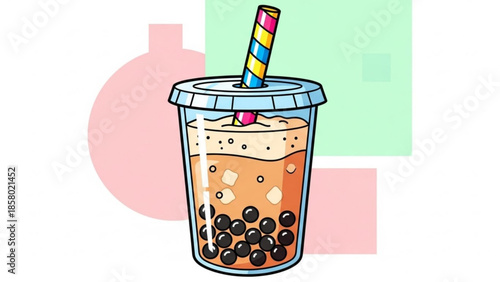 Brown bubble tea in clear plastic cup with colorful straw and boba