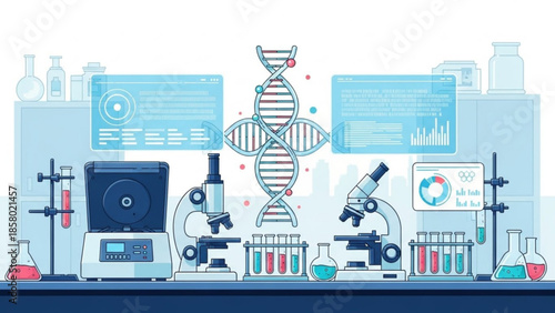 Laboratory equipment and dna double helix model on a table with microscopes, test tubes,