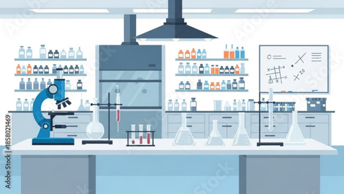 A laboratory interior with a microscope, test tubes, bottles on shelves and a whiteboard with chemical