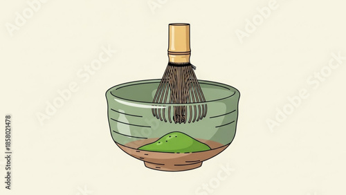A green tea bowl with a bamboo whisk and matcha powder inside a clear ceramic bowl on a beige background