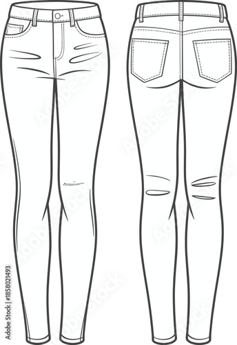 Blank White Apparel Mockup Template Collection Featuring T-Shirts Summer Dresses Button Down Long Sleeve Shirts and Skinny Jeans Technical Vector Illustration for Fashion