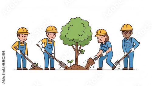 Four workers in hard hats and overalls planting a tree with shovels outdoors
