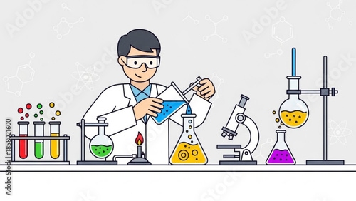 Scientist in lab coat working with colorful chemicals and equipment in laboratory setting with microscope