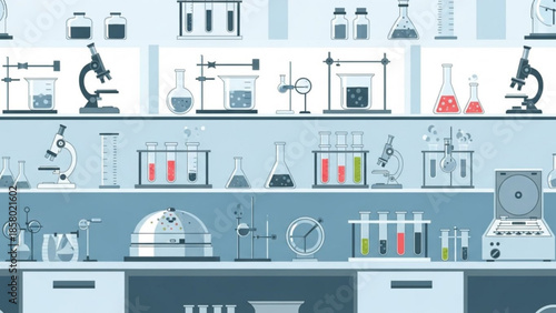 Laboratory equipment and tools on shelves, science and research concept with various glassware