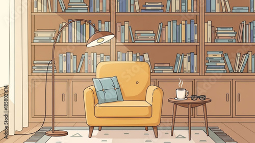 Cozy reading nook with yellow armchair, floor lamp, and bookshelves, perfect for relaxation and leisure