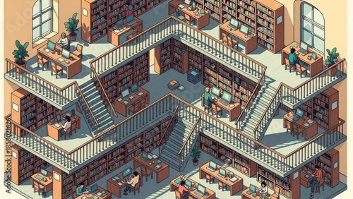 Isometric illustration of a multi level library with people working at desks surrounded by bookshelves