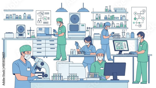 Medical laboratory team working together with equipment and computers in a modern lab setting