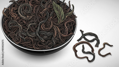 Black squid ink spaghetti noodles with basil leaf in bowl and on white surface