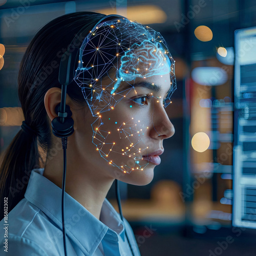 Young woman wearing headset with glowing digital brain overlay