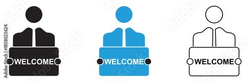 Welcome icon. Simple flat and outline vector icons showing waving hands and people greeting, used for hello, welcome, communication, and user interaction concepts.

