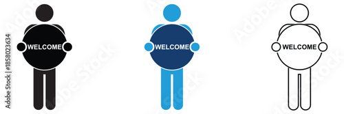 Welcome icon. Simple flat and outline vector icons showing waving hands and people greeting, used for hello, welcome, communication, and user interaction concepts.
