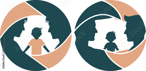 Family silhouettes featuring adults and a child framed within a symbolic circular aperture design