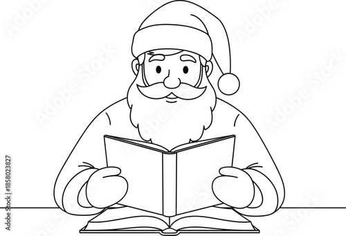 santa, claus, christmas, holiday, winter, book, reading, illustration, outline, cartoon, character, festive, beard, hat, story