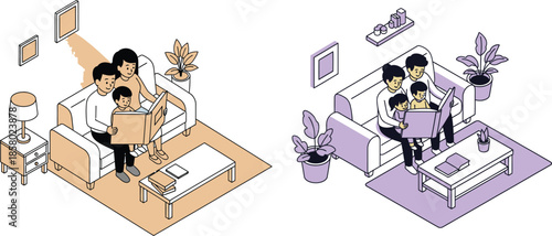 Isometric family reading a book together on the couch in a cozy living room setting