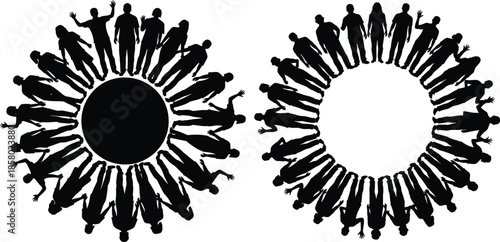Silhouettes of diverse people standing in a large circular formation symbolizing unity and global community