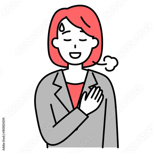 胸に手を当ててホッとするスーツの女性