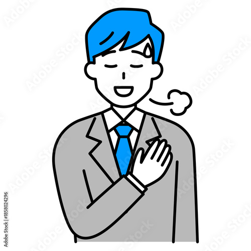 胸に手を当ててホッとするスーツの男性