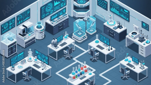 Isometric laboratory interior with scientists working at desks, surrounded by computer screens