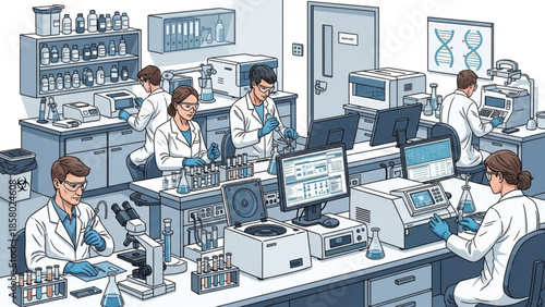 Scientists working in a laboratory with computers and equipment, researching and analyzing data