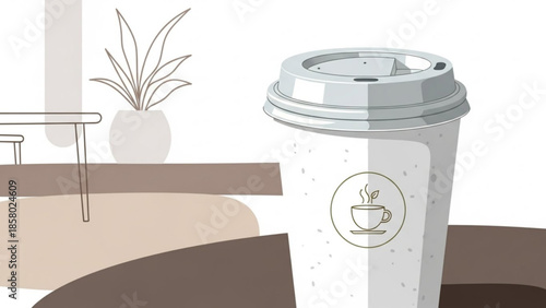 A white disposable coffee cup with a silver lid and a steaming hot coffee cup logo on a table