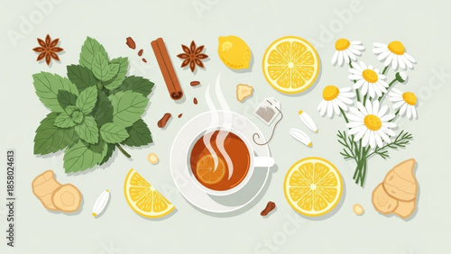 A steaming cup of herbal tea with lemon slices, ginger, mint leaves, cinnamon sticks, and daisies