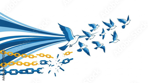 Flock of blue and white birds flying free from broken chains symbolizing freedom and liberation