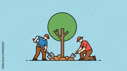 Two workers planting tree with shovels in garden or park with blue background