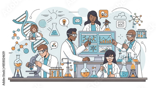 Diverse group of scientists working together in a laboratory with various equipment and symbols